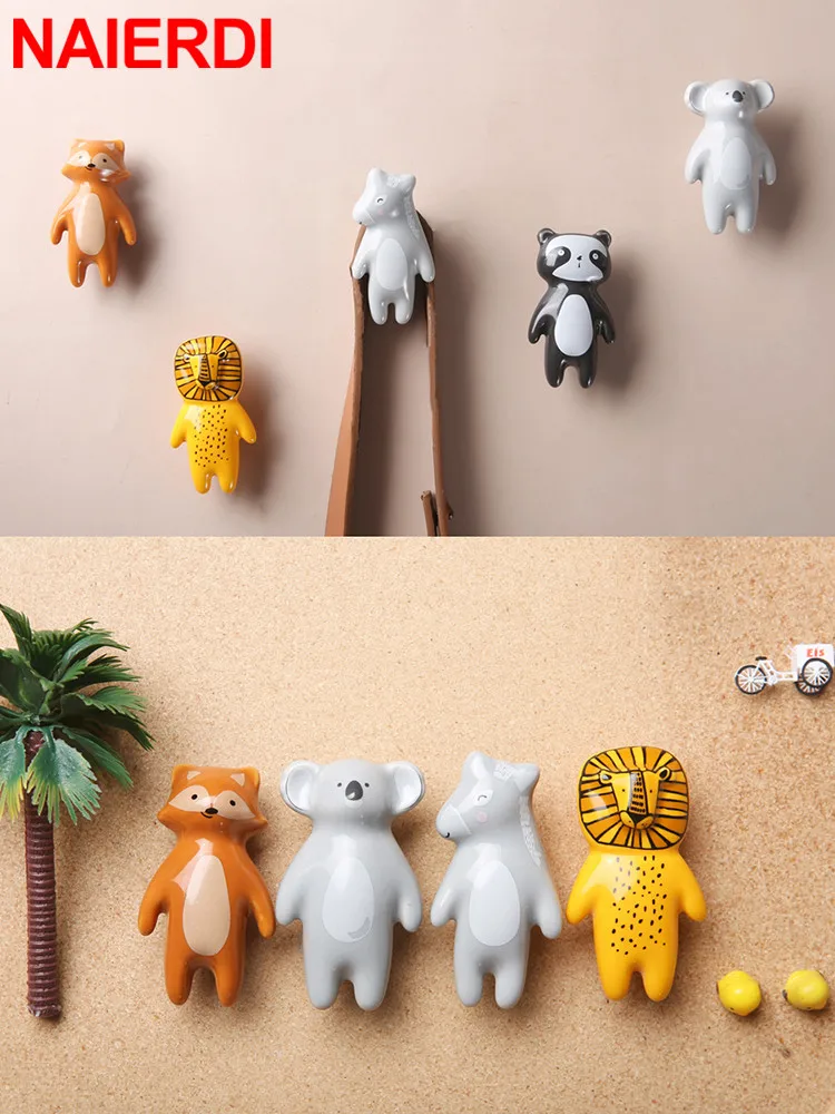 NAIERDI Cartoon Furniture Handles Animal Drawer Knob Ceramic Cabinet Handles and Drawer Pulls Lion Panda Fox Children Room