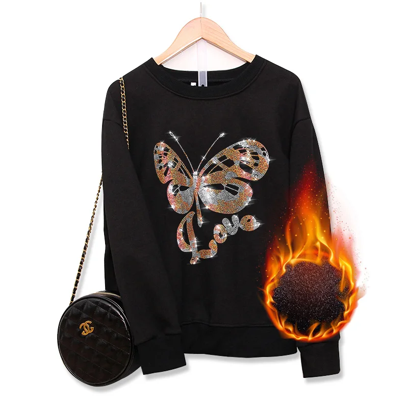 

Winter Keep warm Black Loose Sweatshirts female Fleece thickening Creativity Butterfly Hot diamonds Pattern Women tops pullovers