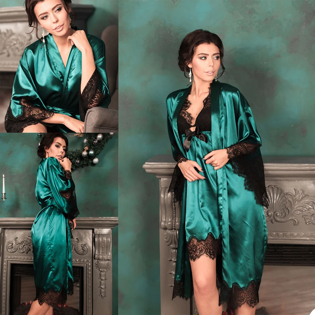 

Bridal Bathrobe Nightgown Green Satin Sleepwear Robe Bridesmaid Bride Gowns Kimono Pregnant Photoshoot Dress Two Piece