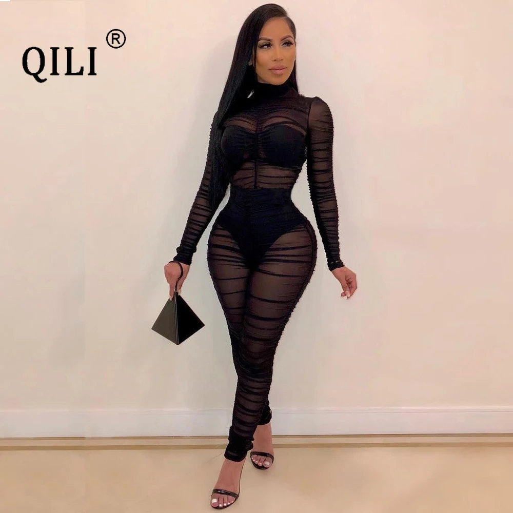 QILI-Sexy Black Mesh Sheer Bodycon Jumpsuit for Women, Long Sleeve Rompers, See Through Clothes