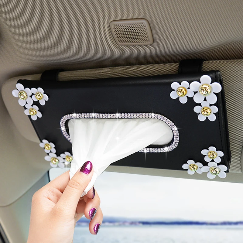 1 Pcs Car Crystal Paper Box with Chrysanthemum Crystal Tissue Box Cae Interior Decoration Accessories for Sun Visor Type