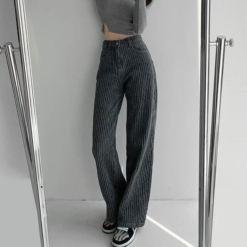 Woven Wide-Leg Jeans Women\'s Spring and Autumn High Waist Pants Loose Slim Retro Drooping Straight Casual Trousers Woman Jeans