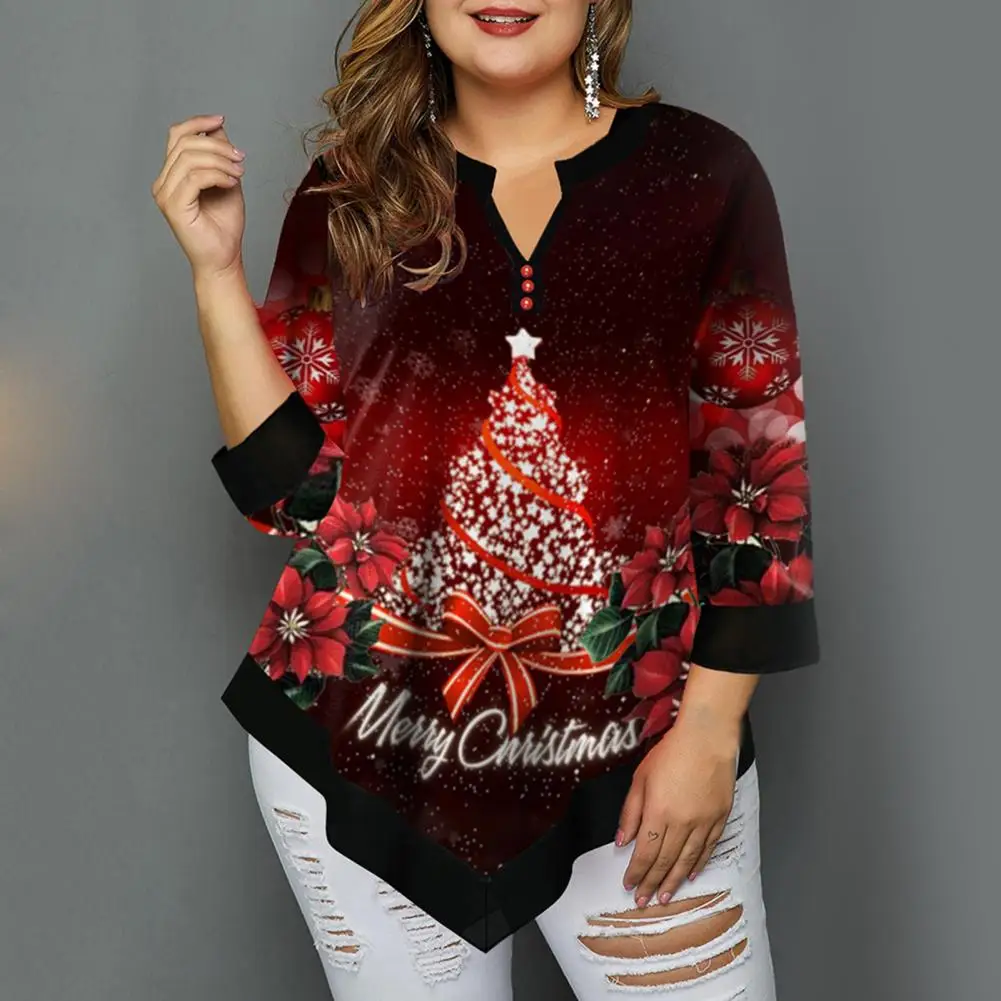 2021 inverno blusa feminina com decote em v manga de três quartos natal impresso flowy plus size blusas femininas camisa festa de natal