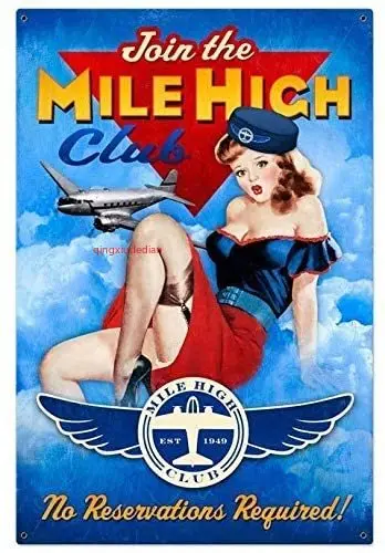 Maizeco Mile High Club Pinup Metal Tin Signs 8 x 12 Inch for Home Bar Shop Coffee Personalized Wall Decor Sign Plaque Poster