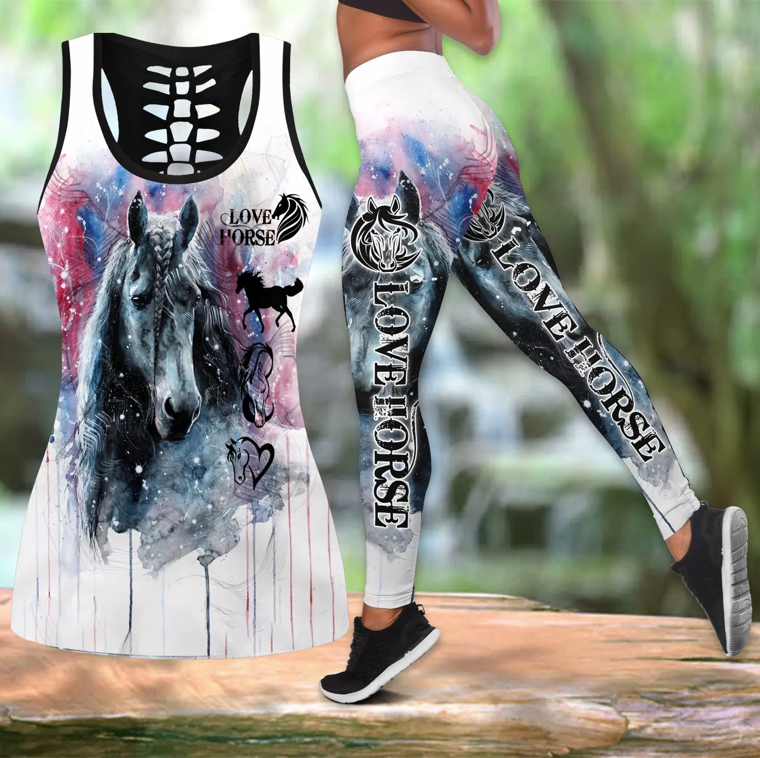 Bonito amor cavalo 3d todo o tanque oco impresso topo & leggings conjunto de fitness feminino leggings de comprimento total correndo calças ddk68