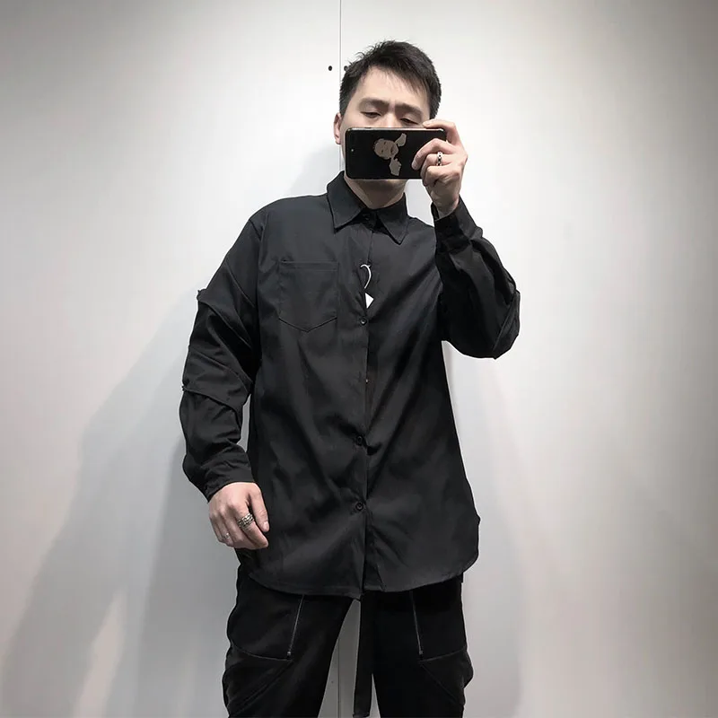 

Men's Long Sleeve Shirt Fashion Black Hand Sleeve Metal Design Small Shirt Harajuku Style Simple Loose Shirt Trend