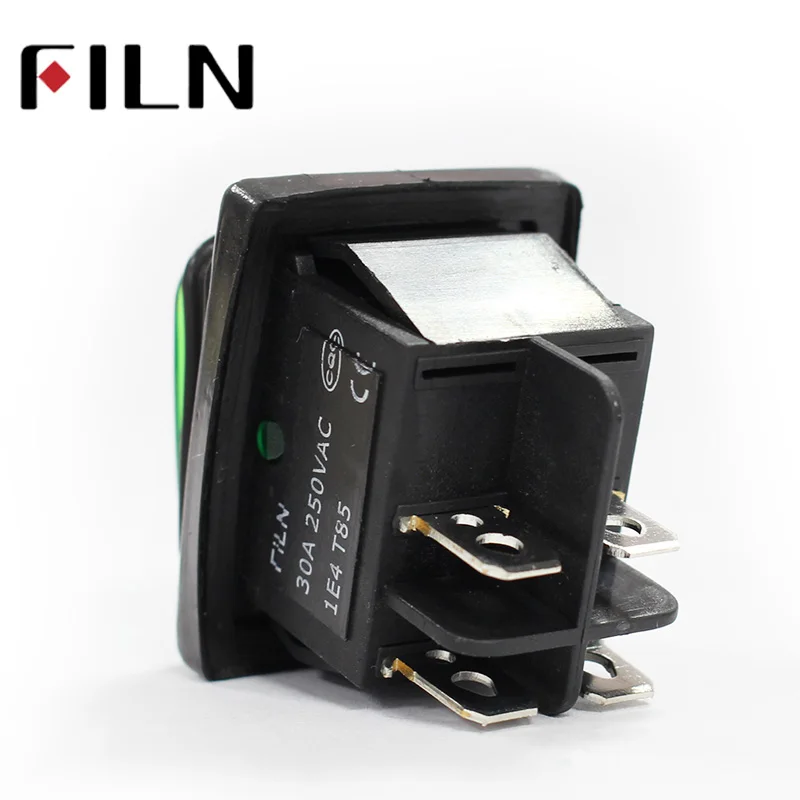 FILN Kcd4 Heavy Duty Four Foot Waterproof on Off Sliver Contact Point Copper Pin Green Red Led Lamp 220v 30A Rocker Switch