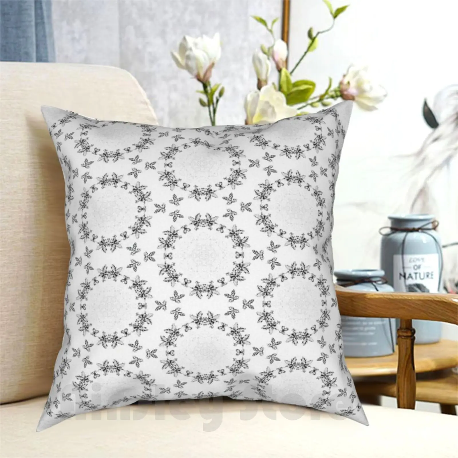 White Flower Design Pillow Case Printed Home Soft Throw Pillow Interiors Designers Sketch Pattern Bespoke Black White