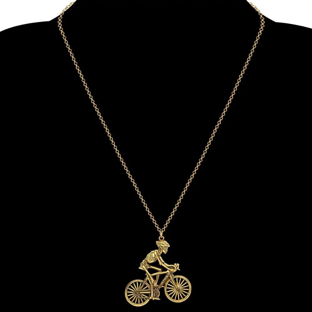 Bonsny Halloween Alloy Antique Gold Plated Skull Bicycle Necklace Bike Skeleton Pendant Jewelry For Women Girls Kid Classic Gift