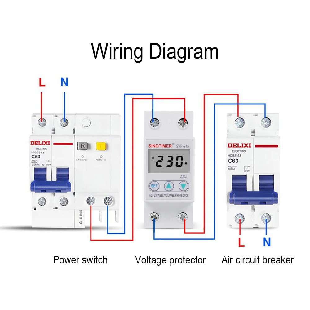 Household Usage LCD Display 50A 63A 80A Adjustable Over Under Voltage Protector Reconnect Breaker with Working Voltage Display