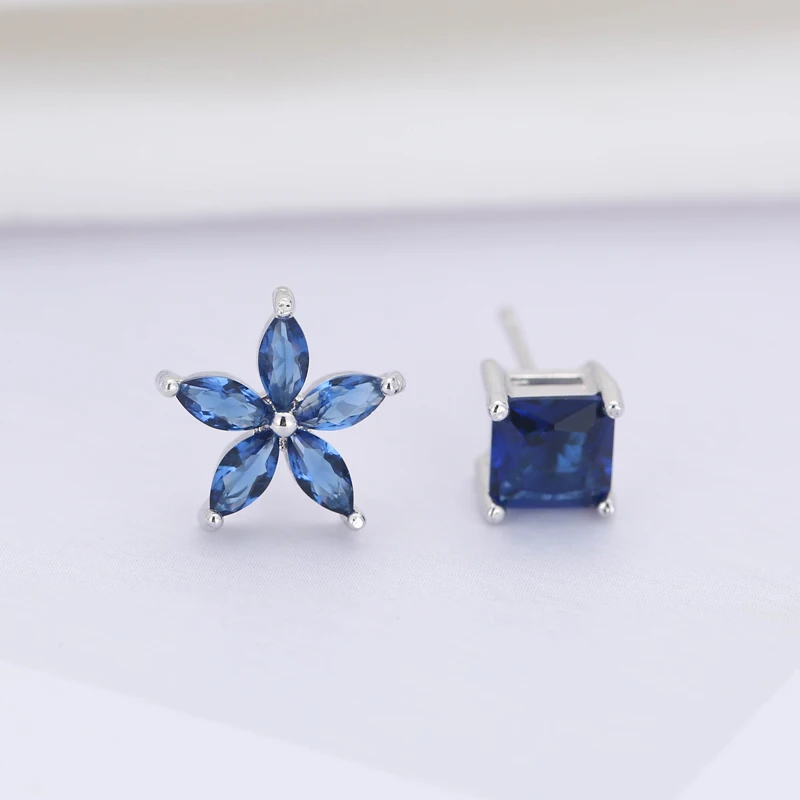 REETI 925 Sterling Silver Stud Earring Cubic Zirconia Flowers Asymmetry  Personality Fashion Jewelry Earrings For Women