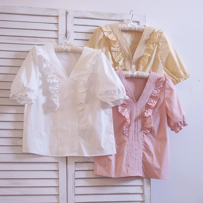 

TIYIHAILEY Free Shipping 2021 Summer Cotton Tops Women Short Sleeve V-Neck Tees White Japan Style Loose Ruffles Pink Yellow