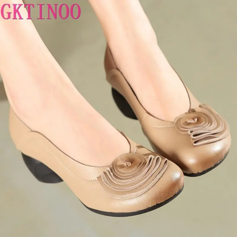 GKTINOO Flower Genuine Leather Women Pumps High Heels Shoes For Women Female Soft Autumn Handmade Office Shoes