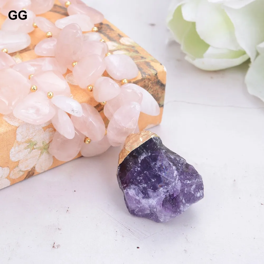 GG Natural Rose Quartz Gems Stone Geode Purple Amethyst Pendant Necklace For Women