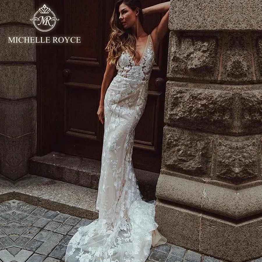 Michelle royce sereia vestidos de casamento para mulher 2022 profundo decote em v apliques sem costas capela trem vestido de casamento Vestidos De Novia