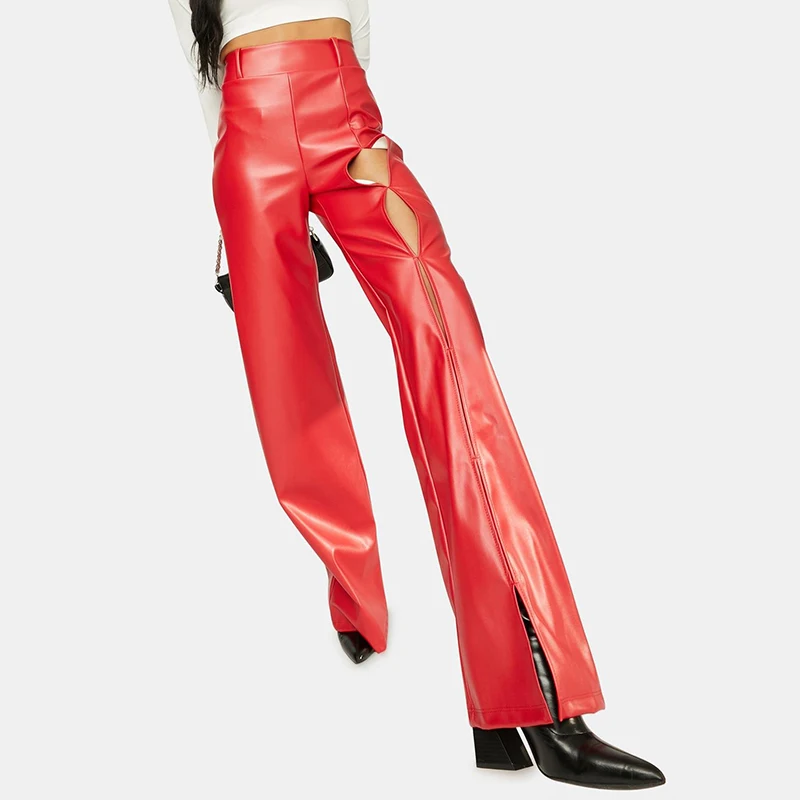 Faux lederen broek met split en vlam voor dames casual pvc los breed been broek PU latex hoge taille plus maat flare broek op maat