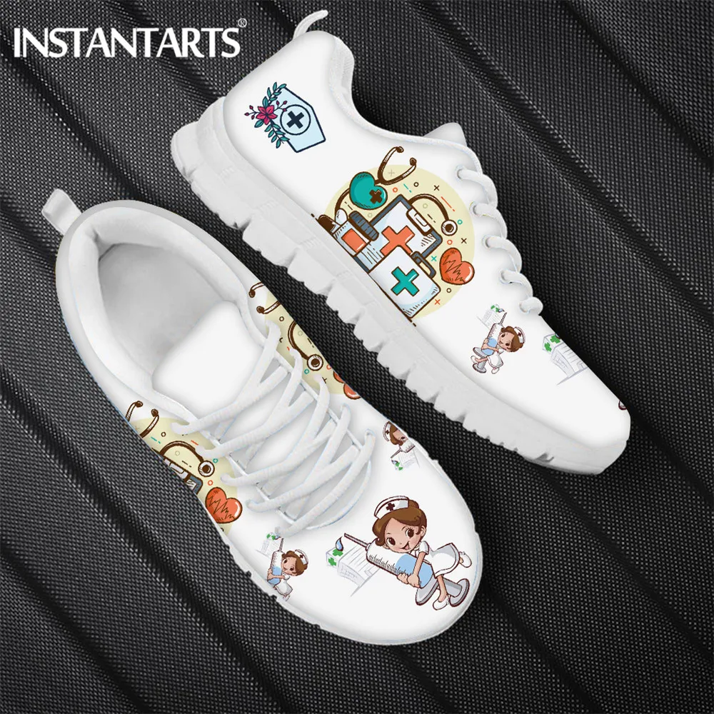 INSTANTARTS Brand Designer White Nurse Sneaker for Women's Premium Sketch Physio Print Breathable Mesh Flat Walking Casual Shoes