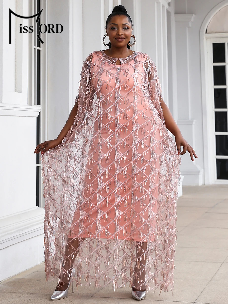 Missord Pink Sequin Plus Size Party Dress Elegant Women Short Sleeve A-line Midi Prom Dresses Large Size Evening Gown