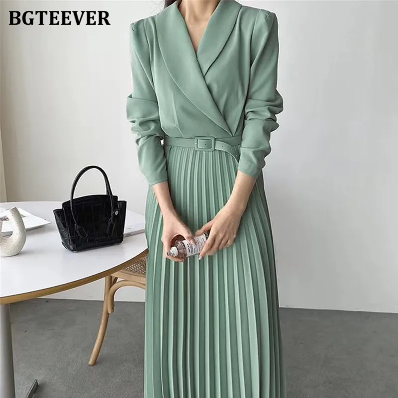 BGTEEVER Spring Chic Ladies Pleated Dress Elegant Lapel Women Mid-length Vestidos Long Sleeve Belted Summer Female Dress 2021