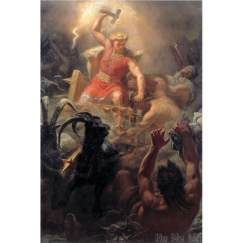 Fantasy Painting Print Thor's Fight with the Giants Norse Mythology canvas Wall Art for living room bedroom decor