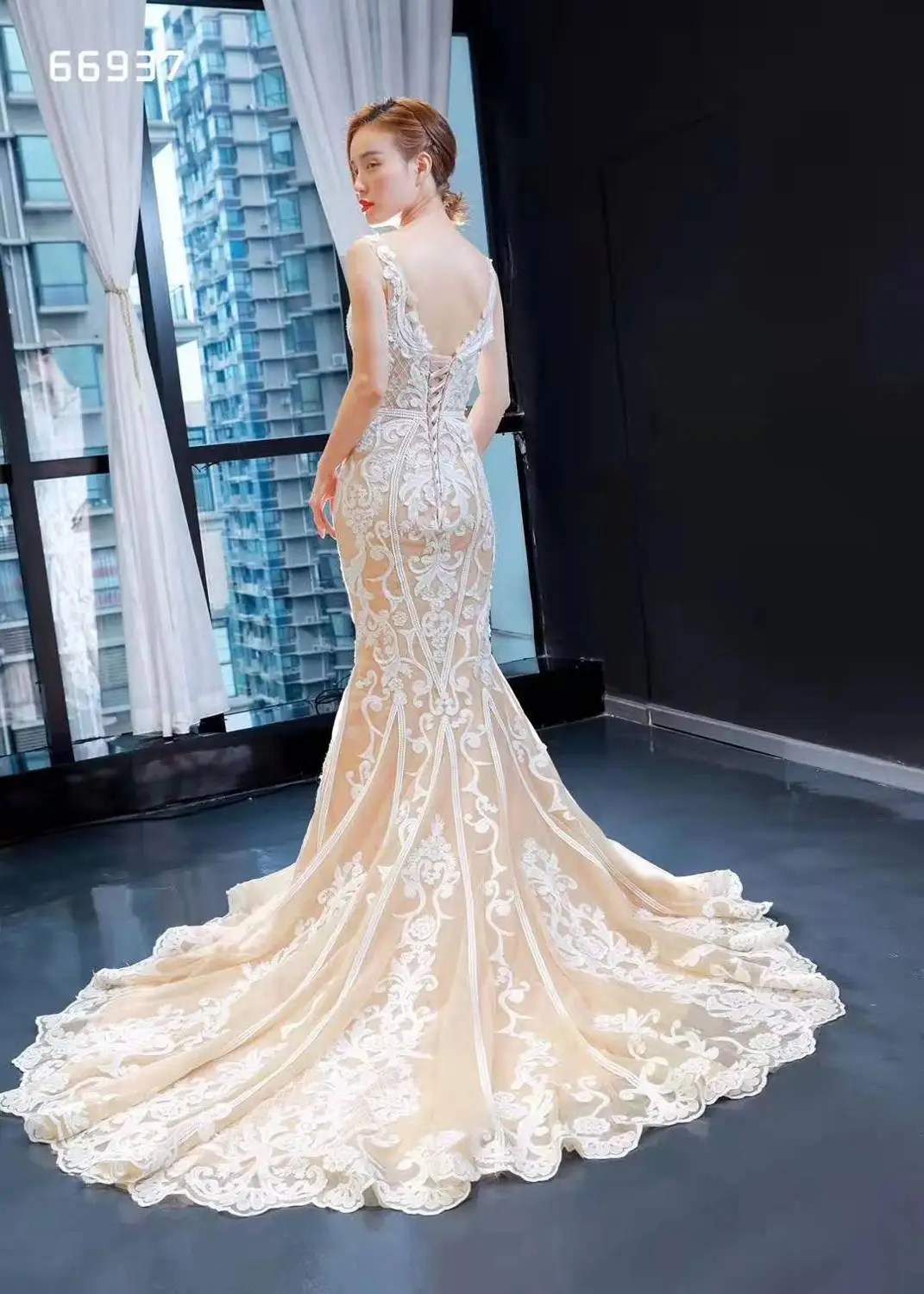 J66937 Jancember Nàng Tiên Cá Váy Cưới Với Xù V Không Tay Cổ Hoa Văn Ren Kèn Trumpet Đầm Cô Dâu Đầm Vestido De Noiva Sereia