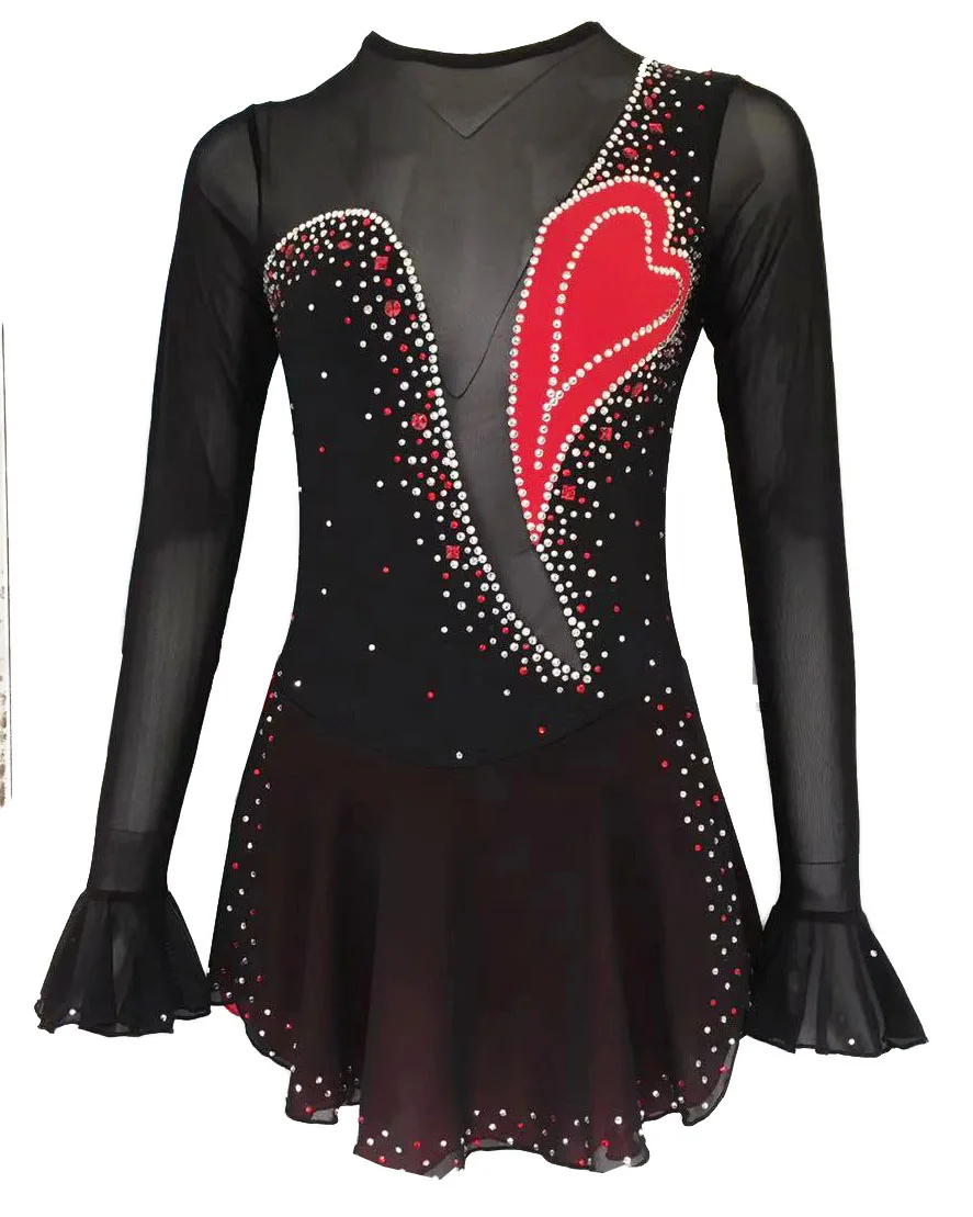 Black Figure Skating Dress Long-Sleeved Ice Skating Skirt Spandex