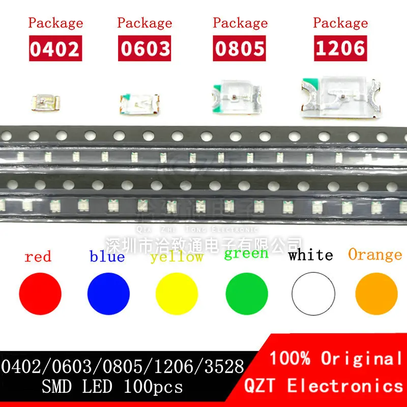 100 pces 0402 0603 0805 1206 smd led vermelho amarelo verde branco azul laranja luz emissor de luz diodo água clara diodo led conjunto