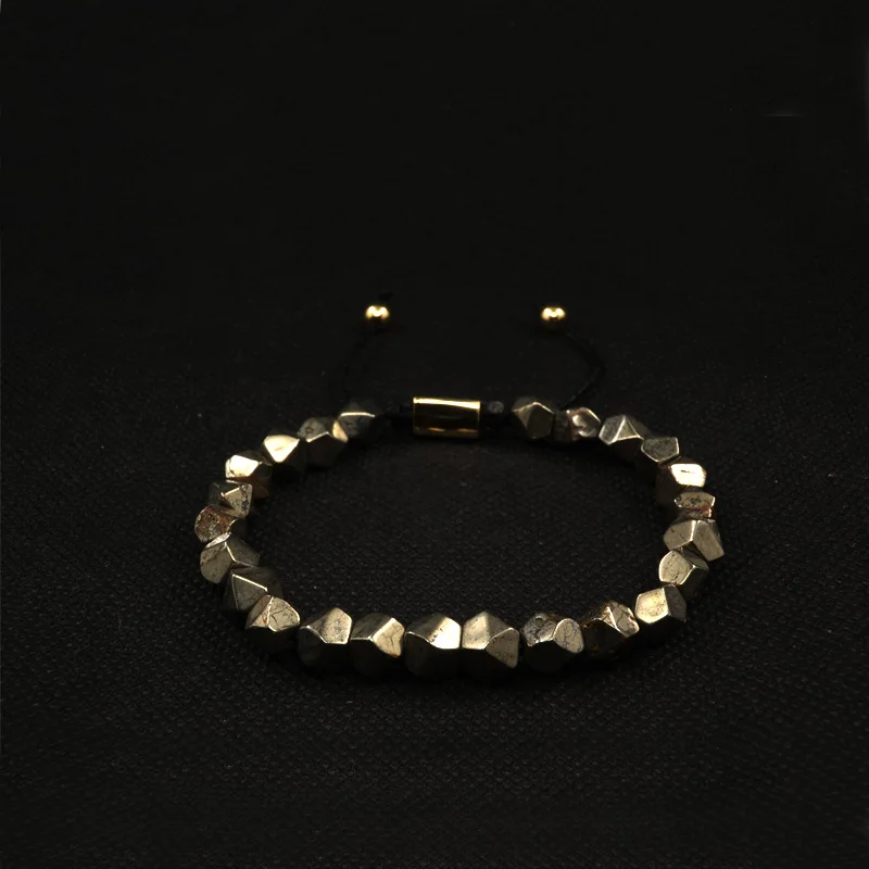 POHIER  Natur Stone Squared Collection - Faceted Iron Pyrite Bead Bracelet For Man Woman  Jewelri For Gift