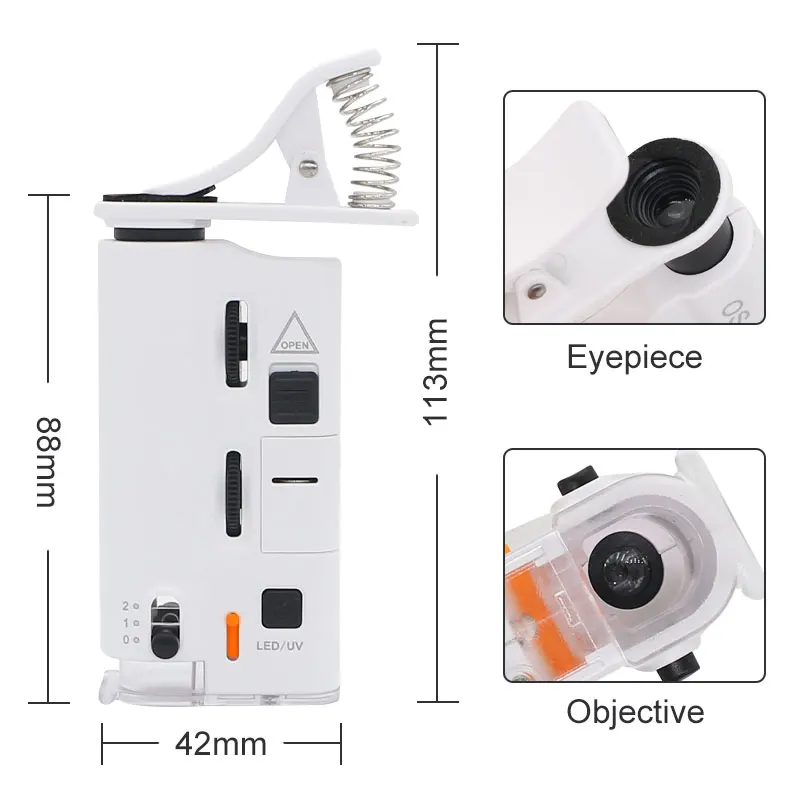 Mini Microscópio portátil com luz UV LED, lupa, Lupas Smartphone, Clip Universal, 60X-100X