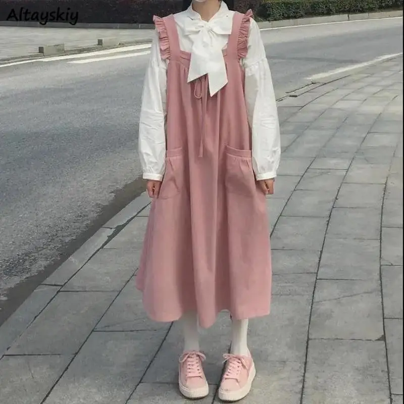 

Sleeveless Dress Women Cute Solid College Lovely Ulzzang Ankle-Length Casual Square Collar Female Empire Loose Ruffles