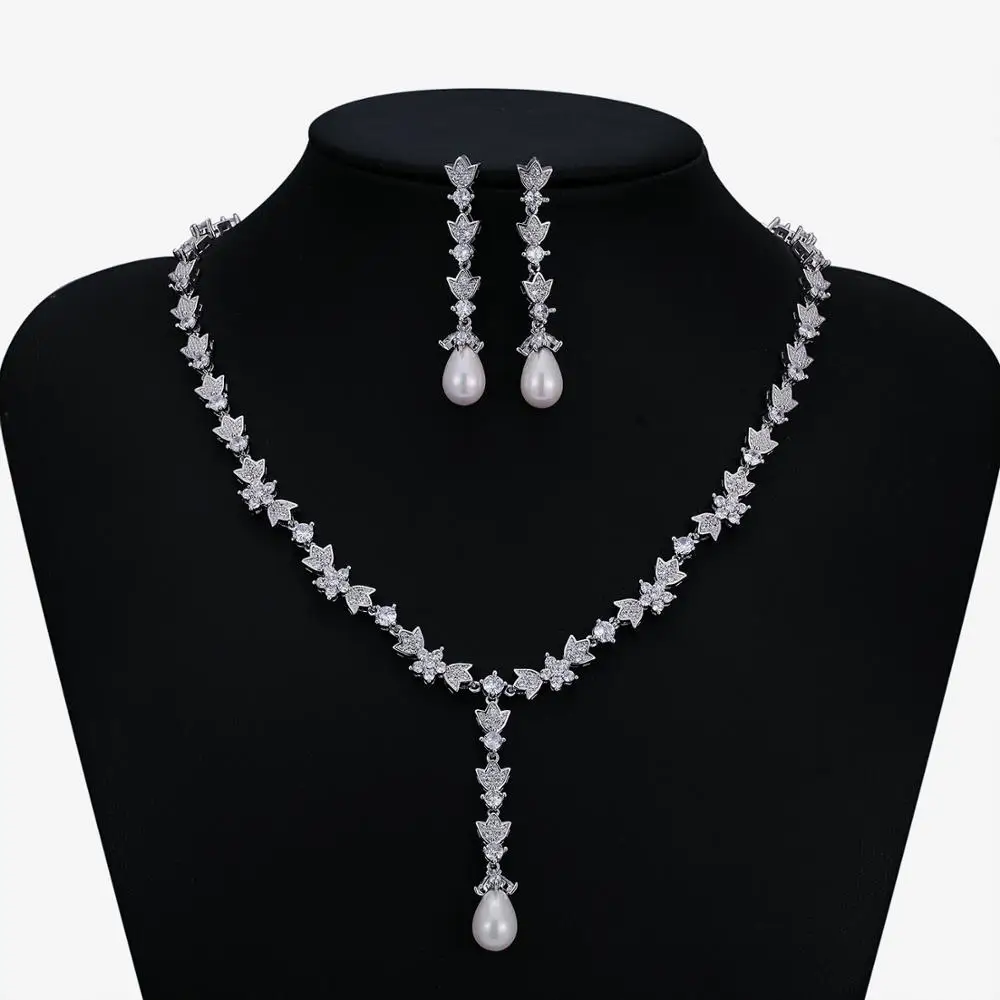 

Full 3A Cubic Zirconia Pearls Bridal Wedding Necklace Earring Set Women Prom Party Jewelry Sets /Real Platinum Plated CN10283