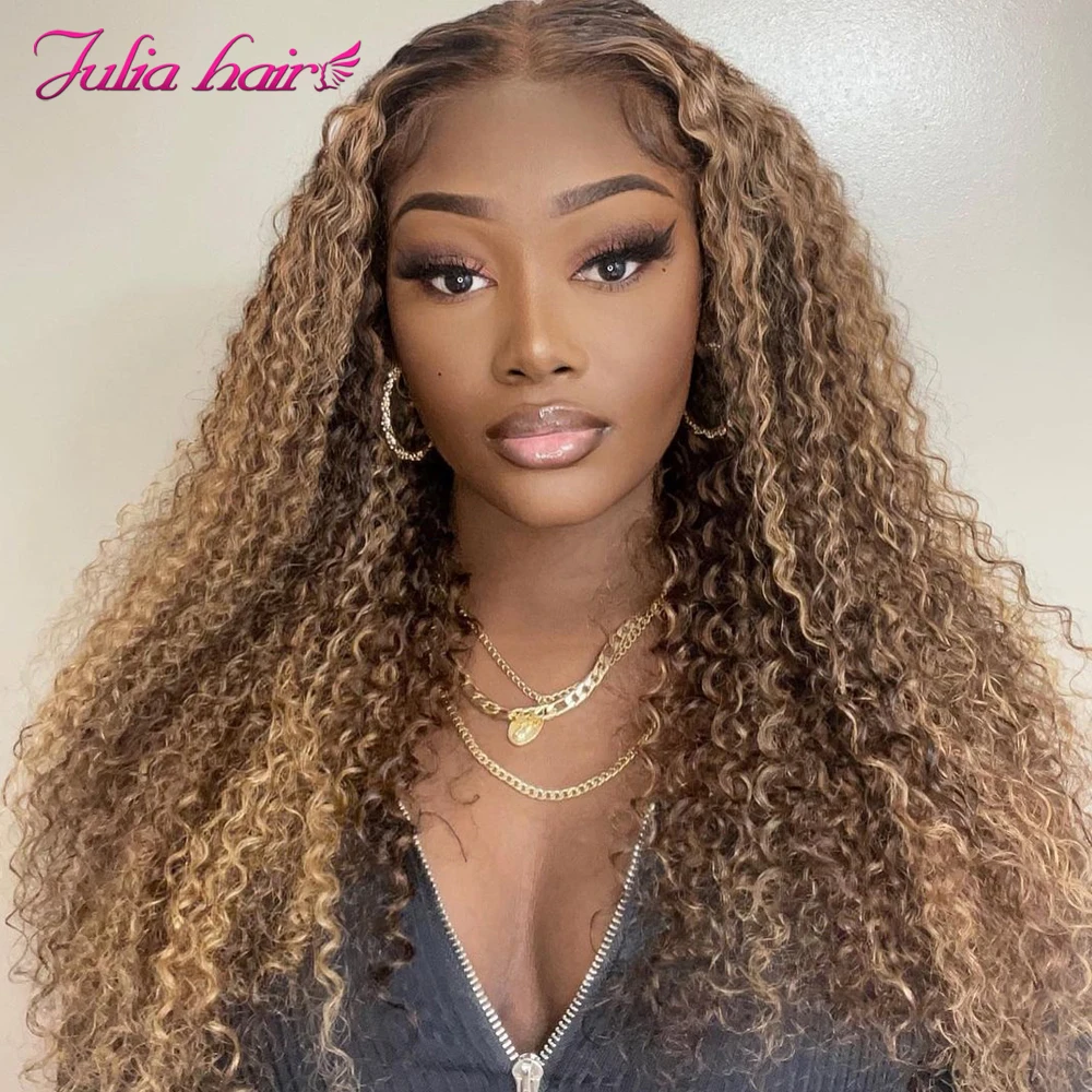 Ali Julia Honey Blonde Highlight Curly Brazilian Hair Wig 13x4 Lace Front Hunman Hair Wig Pre Plucked