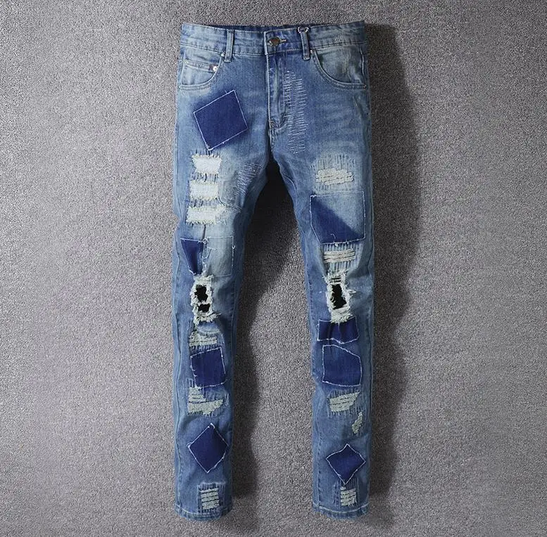 Fashion Torn Mens Patched Holey Straight Slim Beggar Jeans Hip Hop Blue Stretch Denim pants #518