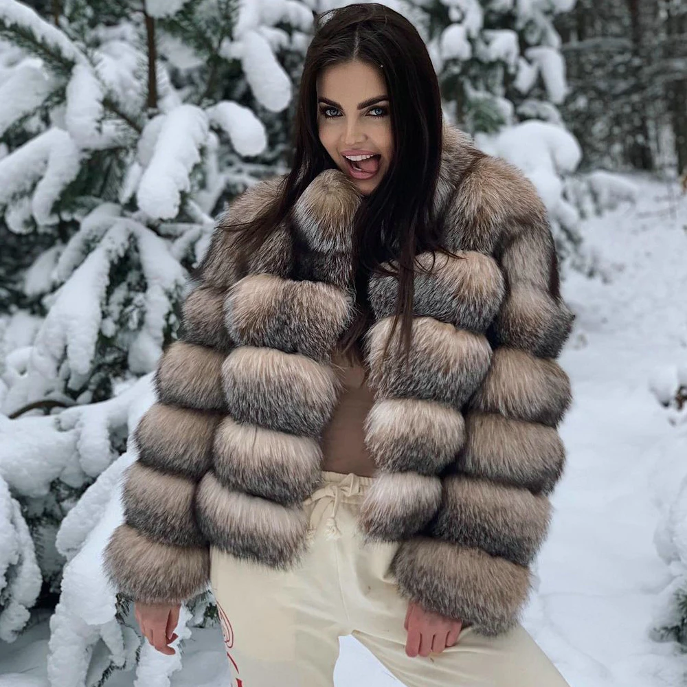 

Fashion Short Real Fox Fur Jacket Stand Collar High Quality Genuine Full Pelt Fox Fur Coat Thick Warm Fur Overcoat Female Outfit