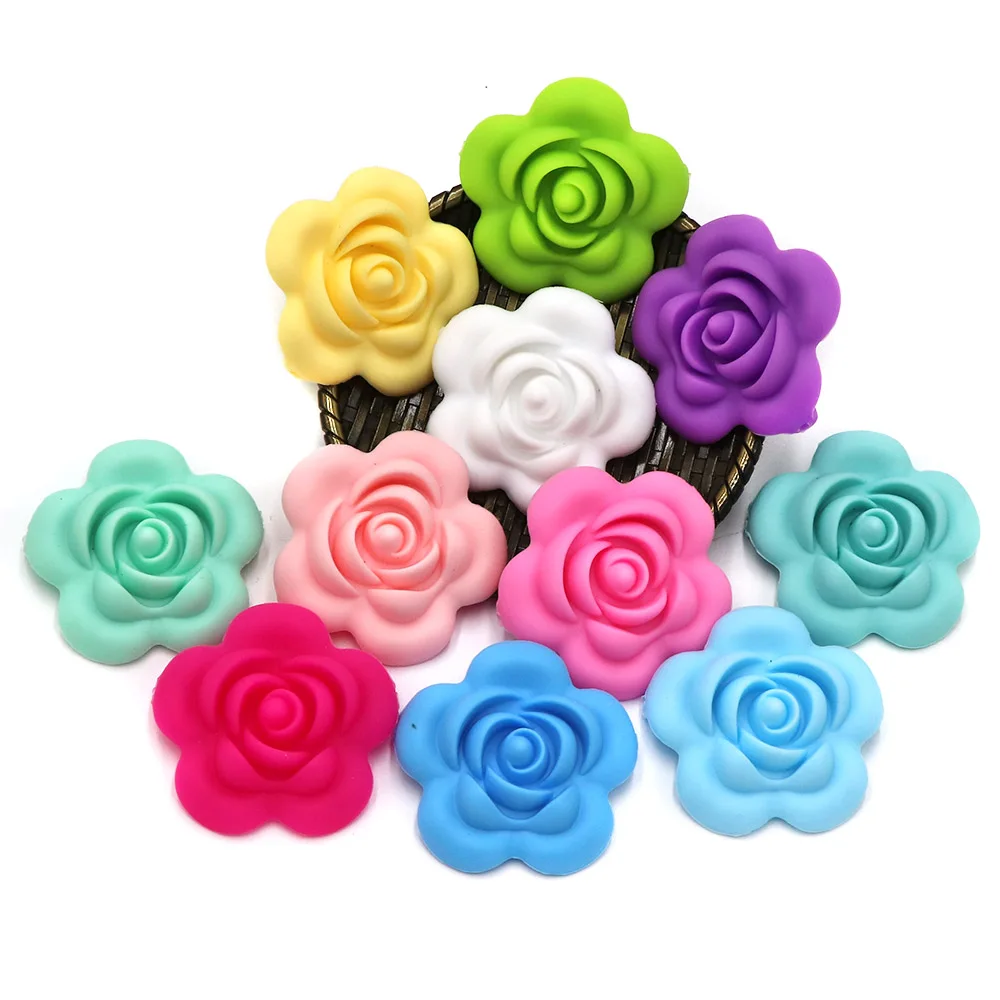 BOBO.BOX 10pcs Rose Silicone Beads Baby Teether Accessories Silicone Teething Beads Flower For Baby Teething Necklace Making