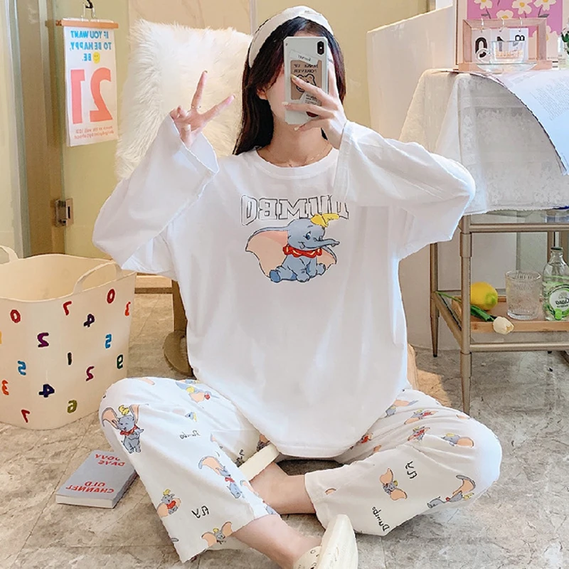 

Disney Pooh Mickey print pajamas Women long-sleeved trousers spring and autumn cute fashion casual home service suit pajamas