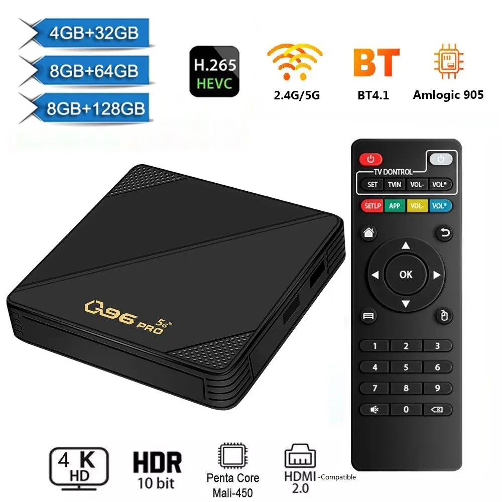 Q96PRO Smart TV Box Android 10.0 Amlogic S905L Quad Core 2.4G/5G Dual WIFI Bluetooth 4K Set Top Box 8GB+128GB Media Player H.265