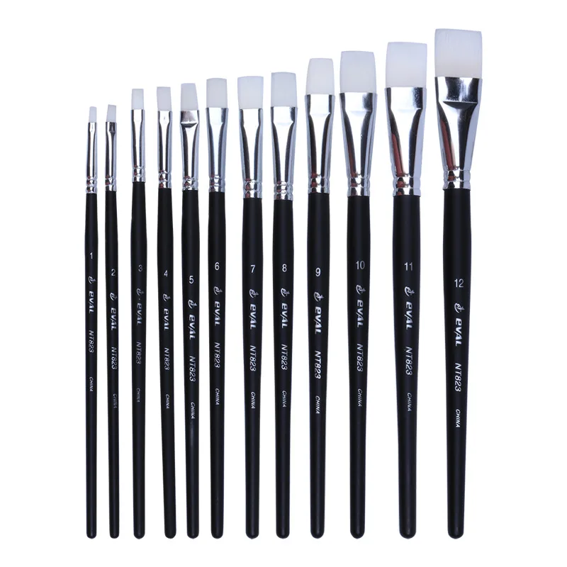 Black short rod White Nylon hair flat head 6 pcs paint brush gouache watercolor acrylic oil painting set art tools supplies