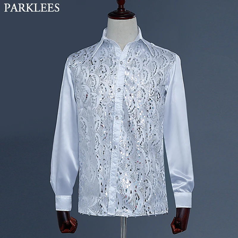 Red Silk Satin Men Shirt Sequin Wedding Party Men Dress Shirt Disco Stage Dancer Men Long Sleeve Fashion Patchwork Shirts Mens