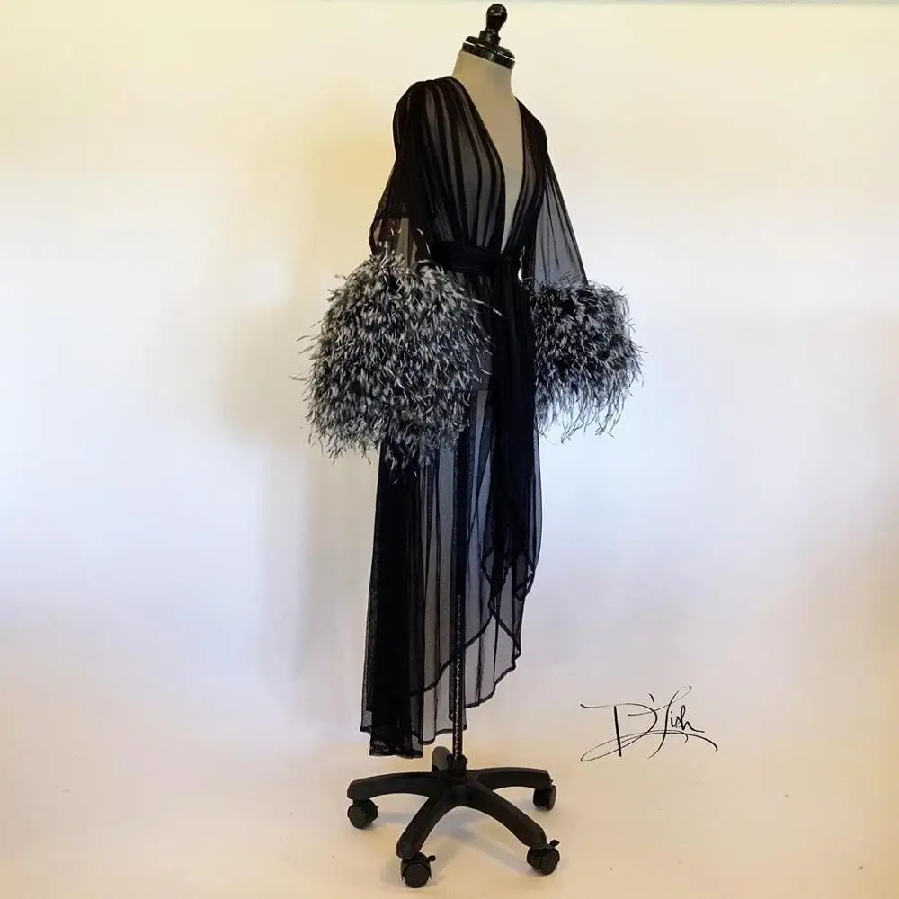 Black Feather Fur Women Winter Kimono Pregnant Party Sleepwear Maternity Bathrobe Chiffon Nightgown Photography Gown Robe