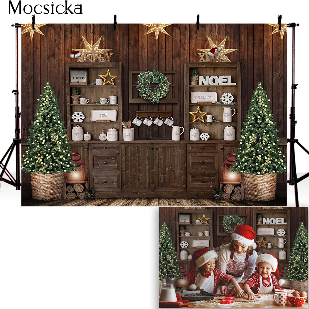 Christmas Kitchen Photo Background Family Xmas Tree Cake Wood wall Backdrop For Photography Kid Baby Portrait Decor Studio Props