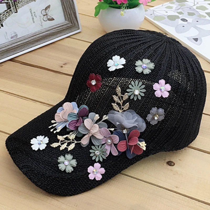 Elegant Women\'s Baseball Cap Hot Diamond Flower Girls Snapback Hats Woman Female Cap Mesh Summer Sun Hat