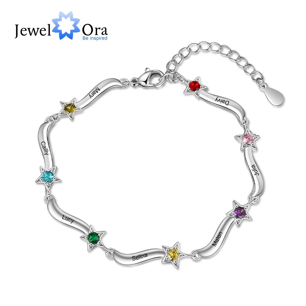 

JewelOra Customized 2-7 Name Engraving Mothers Bracelet Personalized Inlaid Birthstone Star Bracelets for Women Gift for Mom