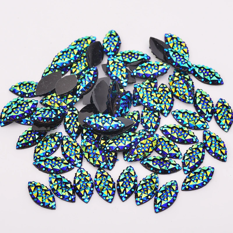 JUNAO 100pcs 7x15mm Crystal AB Horse Eye Flat Back Rhinestone Applique Resin Stones and Crystal Glue on Strass for Clothes