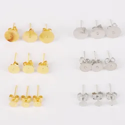 100pcs 4mm 6mm 8mm Gold/Rhodium Earrings Settings Blank Round Base Cabochon Stud Ear Flat Base Posts Pure Plug Earrings