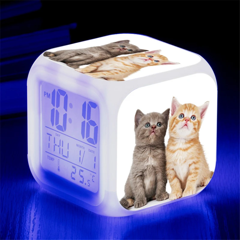 Kawaii Cat Digital Alarm Clock 7 Colors Change Despertador Lovely Cats Led Clocks Action Figure Light Up Toys Doll Childern Gift