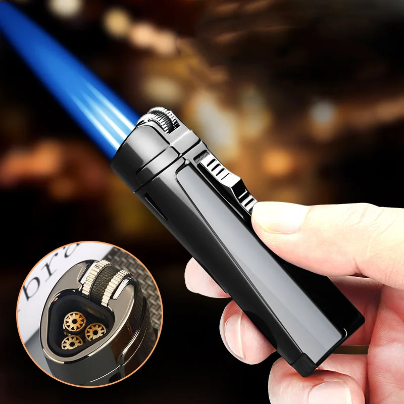 

Metal Jet Gas Lighter Triple Wheel Flint Torch Lighter For Cigar Pipe Powerful Windproof Spray Gun Metal Gadgets For Man