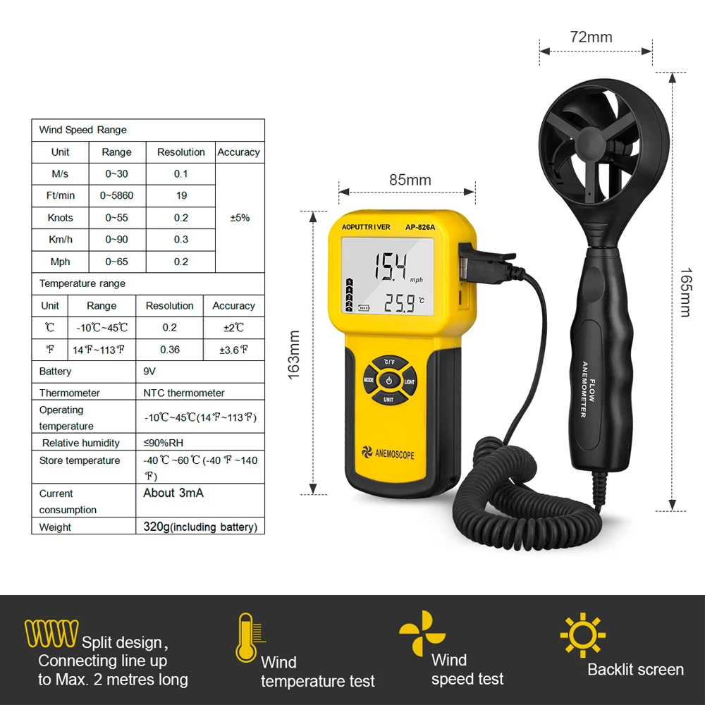 Digital Anemometer Wind Speed Meter LCD back Light for Air Velocity,Air FlowTemperature,Max/Average/Current,Real Time Measure