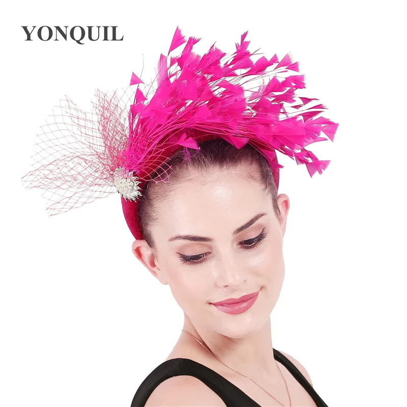 Hot Pink Feather Cocktail Hairbands For Woman Event Dinner Party Thick Velvet Women Headbands Hair Accessories Fashion Headwear