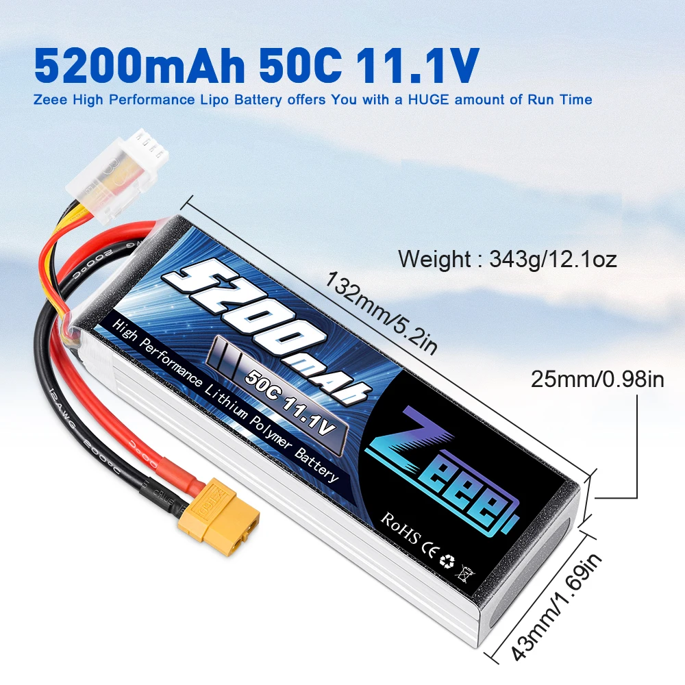 Zeee 11.1V 50C 5200mAh 3S Lipo Battery XT60 Plug for RC Car Boat Helicopter Quadcopter RC Airplane